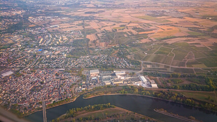 View of the outskirts of Frankfurt am Main (Germany) from the windows of the plane during landing