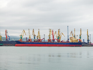 Fototapeta premium A large red-blue ferry stands in the sea at a pier with coal and a lot of loading cranes