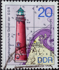 GERMANY, DDR - CIRCA 1974 : a postage stamp from Germany, GDR showing the lighthouse Darßer Ort on the Baltic Sea (built 1848) lighthouses, beacons, beacons and pier lights of the GDR