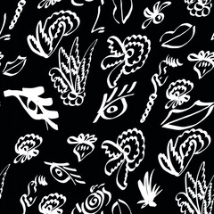 abstract pattern, modern design. white on a black background. nose, mouth, eyes, flowers, leaves. doodle. print for fabric. cover design, backpack, hoodie. Modern aesthetic print, minimalism, contour 
