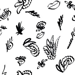 abstract pattern, modern design. black and white. nose, mouth, eyes, flowers, leaves. doodle. print for fabric. cover design, backpack, hoodie. Modern aesthetic print, minimalism, contour graphics.