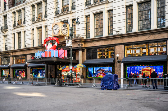 New York, New York, USA - November 20, 2020: Macy's Christmas Holiday Windows With THANK YOU Theme Honoring Frontline Workers. People Can Be Seen.