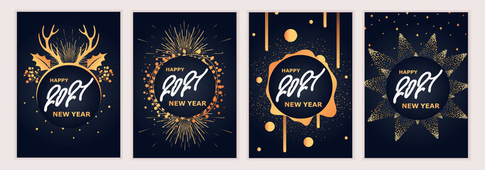 2021 New Year. Fireworks, golden garlands, sparkling particles. Set of Christmas sparkling templates for holiday banners, flyers, cards, invitations, covers, posters. Vector illustration.