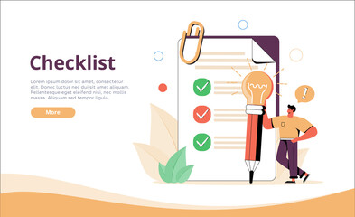 People Character Holding Pencil and Putting Check Mark on Checklist in Survey Form. Notebook and Memory Stickers.