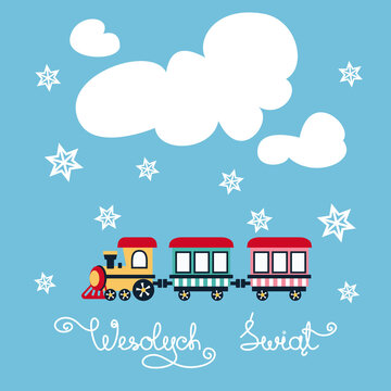 Polish Happy Holidays Card with Puffing Train and lettering Wesolych Swiat in Polish. Vector illustration on blue background.