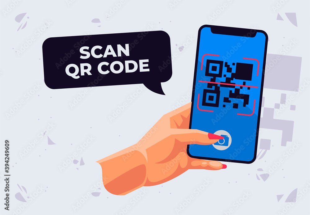 Poster vector illustration of hand holding a smartphone to scan a qr code, scan the qr code with the camera