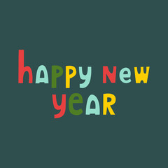 Bright Happy New Year text in doodle style on Tidewater Green background. Trendy colors of 2021. Festive card.