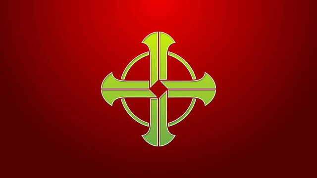 Green line Celtic cross icon isolated on red background. Happy Saint Patricks day. 4K Video motion graphic animation