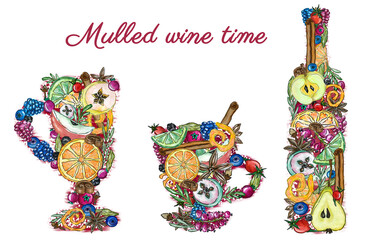 Illustration of cups and bottle for mulled wine hot drink ingredients, cafe, restaurant menu