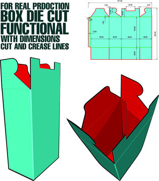 Box Die Cut Cube Template with 3D Preview organised with cut, crease, model and dimensions ready to cut and print, Vector Draw Graphic Design dieline, Fully functional and real scale.