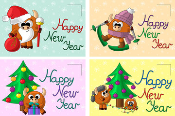 Set Christmas card with cute cartoon bull