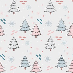Outline white pink blue fir tree seamless pattern snowflake on grey art design stock vector illustration for web, for print, for wall paper, for wrapping paper