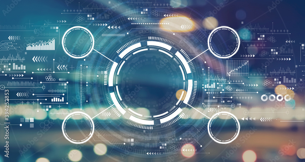 Poster tech circle with blurred city abstract lights background