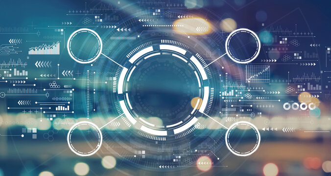 Tech circle with blurred city abstract lights background