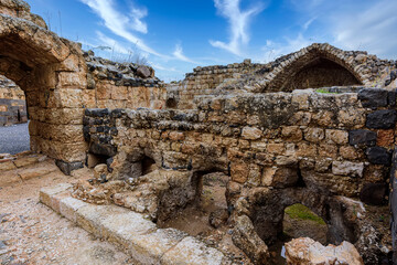 Well-preserved walls in a room used as a kitchen in a 12th-century Crusader fortress in Jordan Star National Park. Israel