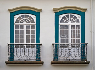 Colonial balconies on facade in Sao Joao del Rei, Brazil 