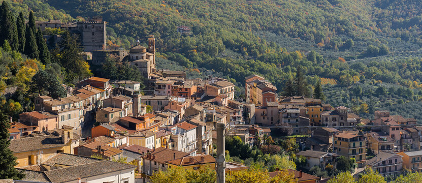 Autumn view of Arsoli town in Lazio mountains, Italy
