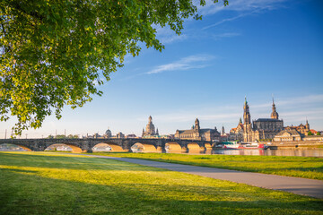 Elbe embankment overlooking the famous palace Georgenbau. Location place of Dresden, Germany, Europe.