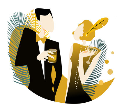 flirting at a party in the style of the early 20th century. Handmade drawing vector illustration. Art Deco style.