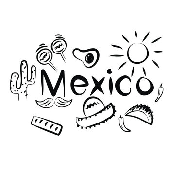 lettering mexico. Mexico country attributes. chili pepper, sombrero, tacos, burritos, maracas, cactus, mustache, sun, avocado. postcard for tourists. black and white drawing on a white background. 