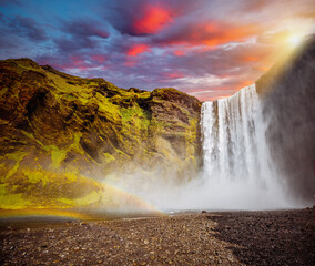 View of powerful stream of the famous Skogafoss waterfall. Location place Iceland, Europe.