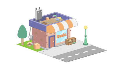 Isometric bookstore on white background. Modern bookstore in isometric projection.