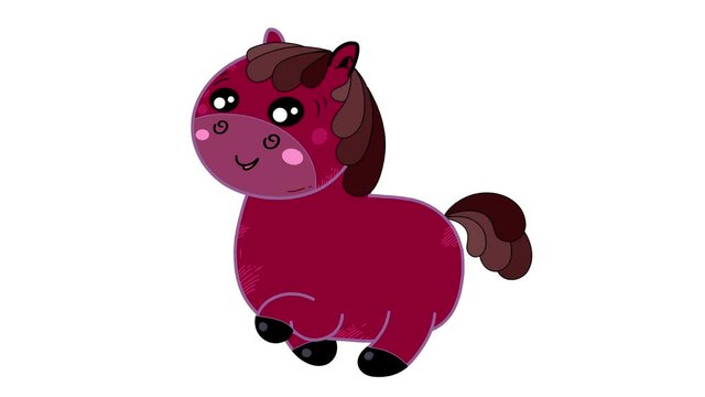Cartoon isolated kawaii horse walking character. Sweet farm animal. Good for any movie, presentation, etc... Funny sweet and cute children animation. Alpha channel, seamless loop.