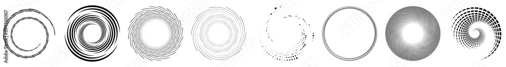Poster set of spiral, volute, helix element. radial, radiating curve lines curlicue swirl, twirl
