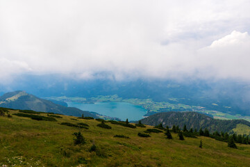 Alps ridges and Wolfgangsee lake from Schaffberg mountain, Salzkammergut, Austria.