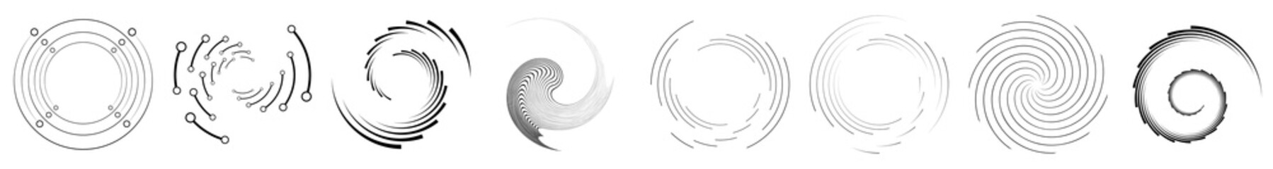 Set of spiral, volute, helix element. Radial, radiating curve lines curlicue swirl, twirl