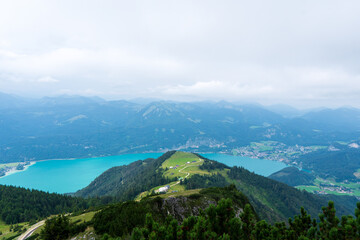 Fototapeta na wymiar Alps ridges and Wolfgangsee lake from Schaffberg mountain, Salzkammergut, Austria.