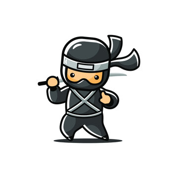 Stand little Cartoon ninja holding sword on back ready for fight