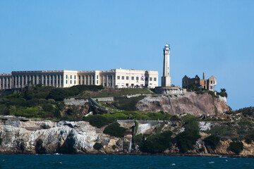 Alcatraz Island under a blue sky