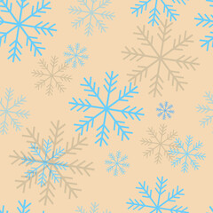 Seamless pattern with blue snowflakes on a light beige background for prints, wrapping paper, fabric. Christmas illustration.