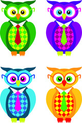 Funny cartoon owls set. Vector illustration.