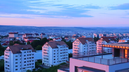 Cluj napoca skyline under a violet sunset