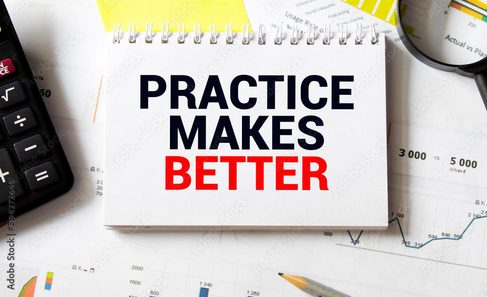 Aufkleber practice makes better text written on a notebook with pencils