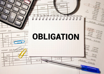 Obligations word on a dollars background, business concept.