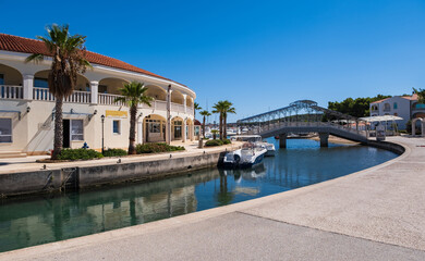 Small passage bridge over canal in Rogoznica marina, Dalmatia, Croatia. September 2020