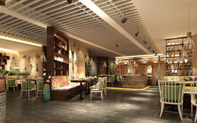 3d render. Modern cafe and restaurant interior.