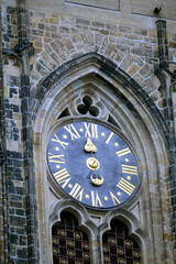 Close-up of clock face of St. Vitus Cathedral in Prague 