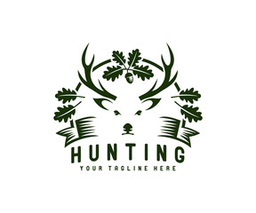 Hunting, hunt, deer with antler in oak foliage, logo design. Animal, wildlife, tree and leaves, vector design and illustration © artsterdam