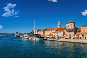 Fototapeta na wymiar Trogir boats and waterfront view, UNESCO town in Croatia landmarks. September 2020