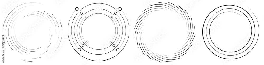 Poster spiral, swirl, twirl element set. rotating circular shape vector illustration