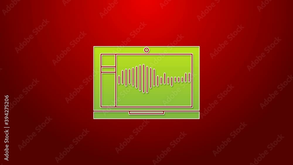 Poster green line sound or audio recorder or editor software on laptop icon isolated on red background. 4k 