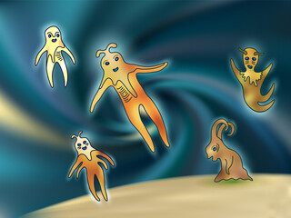 Cute fluid aliens cosmic cartoon characters, humanoid creatures.