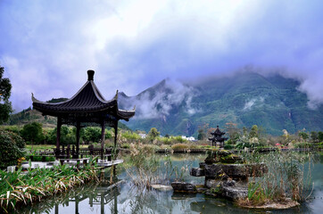 Naklejka premium Chinese Pavilion in Jiangkou Wetland Park, Guizhou, China