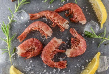 langoustines on a gray stone table with lemons, salt and herbs and ice cubes