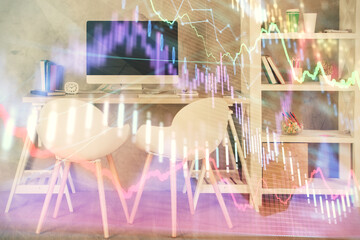Multi exposure of stock market chart drawing and office interior background. Concept of financial analysis.