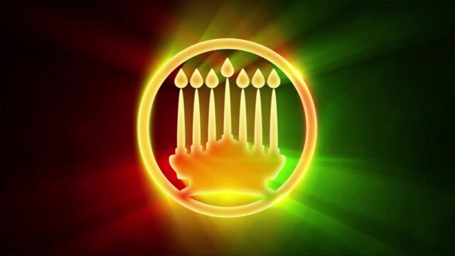 Candlelight symbol with seven candles and light rays in traditional Kwanzaa colors: green and red over dark background. Video animated 4K